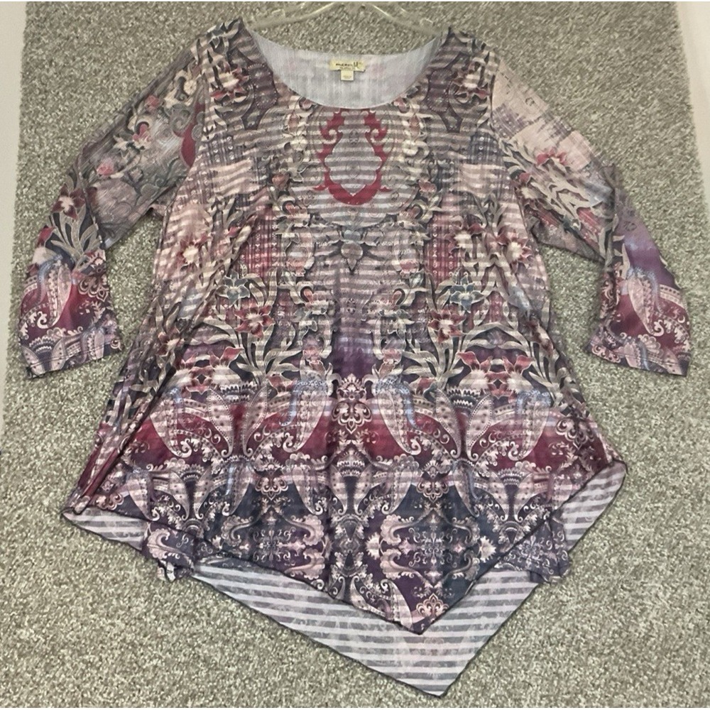 One World Tunic XL Purple Silver Shimmer V-Neck Boho Artsy Y2K Top